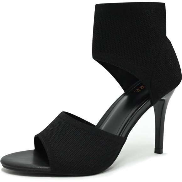 Black 3 Inches Peep Toe Synthetic Stiletto Stretchy Heeled Sandals for Women - Picture 1 of 9
